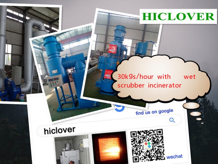 Dual heat burners and dual chamber incinerator Burning capacity up to 30 Kg per hour with wet scrubber