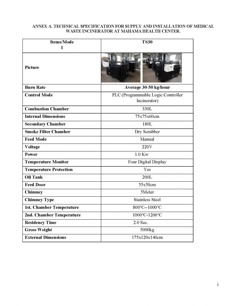 document for Incinerator machine Model TS30